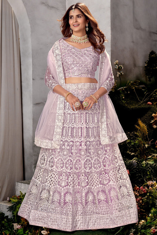 Embroidered Lavender Color Lehenga Choli In Net Fabric