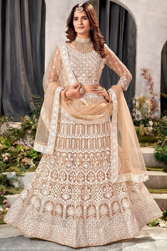 Net Fabric 3 Piece Lehenga Choli In Chikoo Color With Embroidery Work