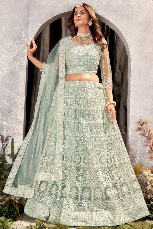 Sea Green Color Net Fabric Lehenga Choli With Embroidery Work