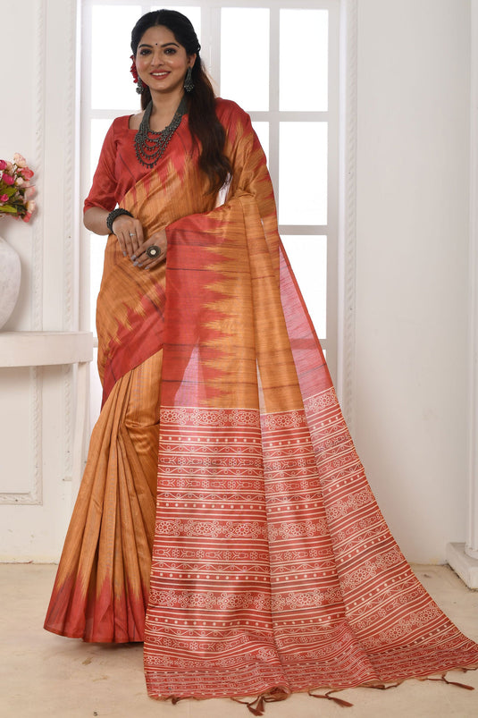 Art Silk Fabric Peach Color Printed Daily Wear Saree