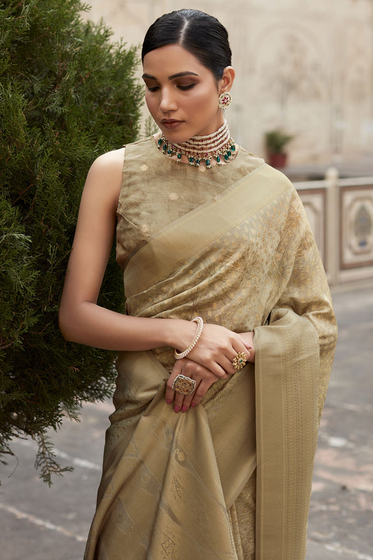 Beautiful Beige Color Printed Crepe Silk Saree