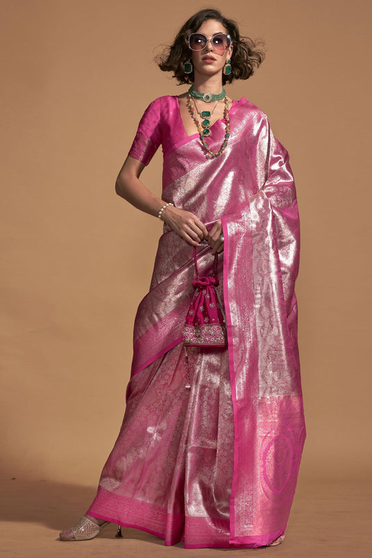 Winsome Weaving Work Pink Color Art Silk Fabric Saree