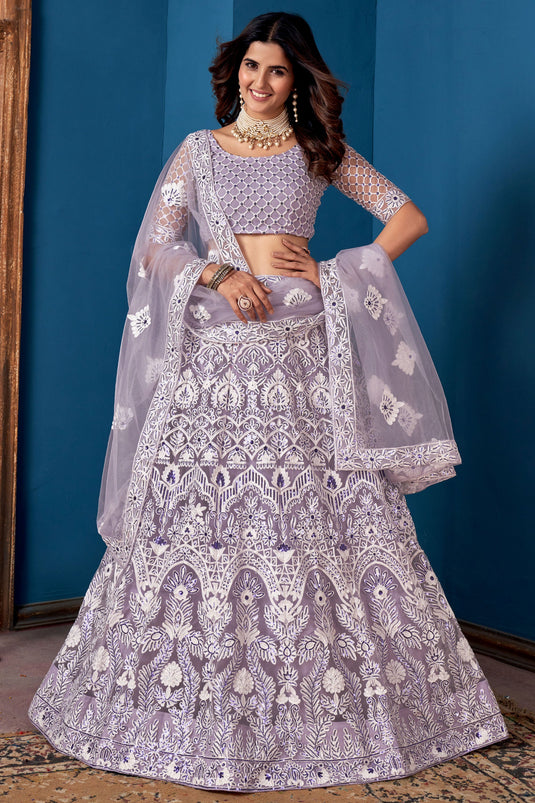 Net Fabric 3 Piece Lehenga Choli In Lavender Color With Embroidery Work