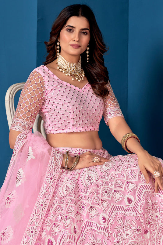 Pink Color Net Fabric Lehenga Choli With Embroidery Work