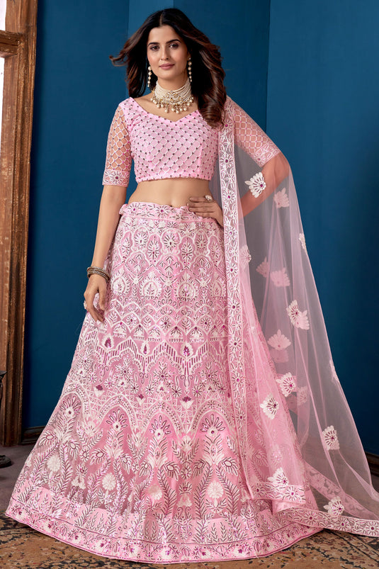Pink Color Net Fabric Lehenga Choli With Embroidery Work
