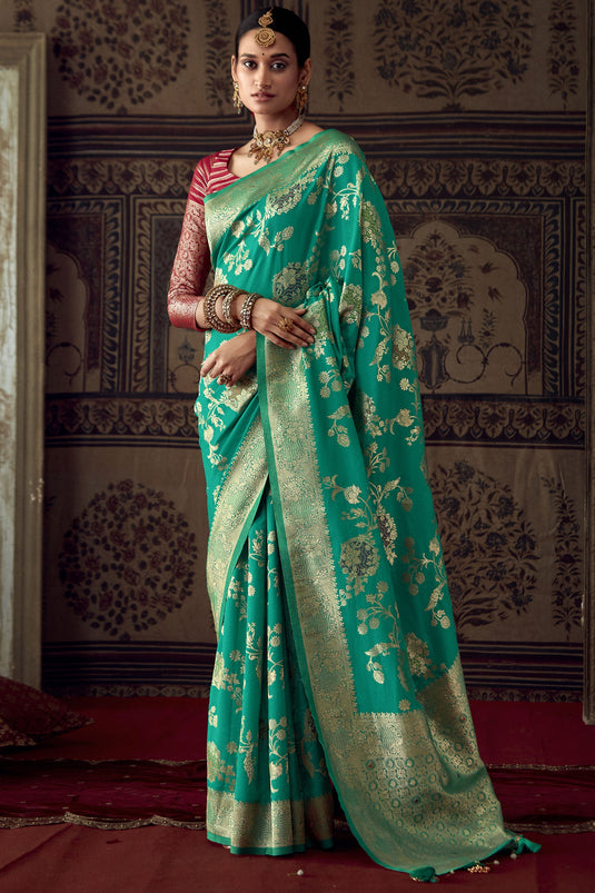 Cyan Color Designer Weaving Work Fancy Fabric Saree