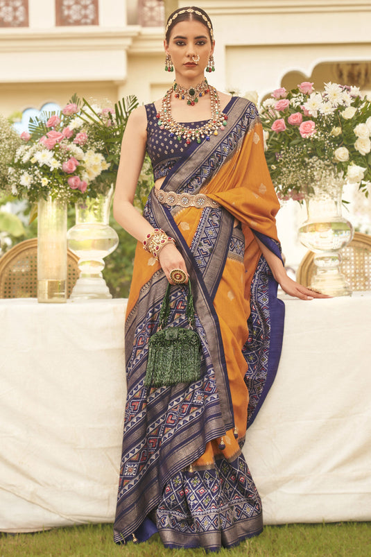 Patola Silk Printed Design Saree In Mustard Color