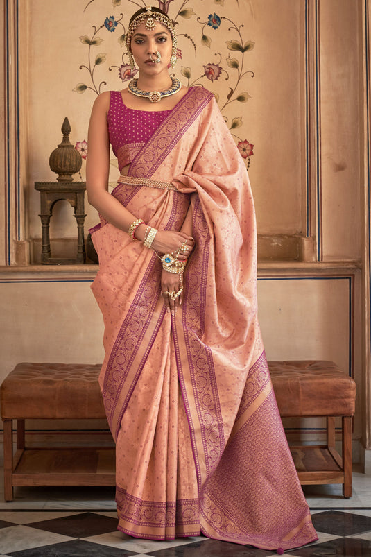 Peach Color Designer Weaving Work Art Silk Fabric Saree