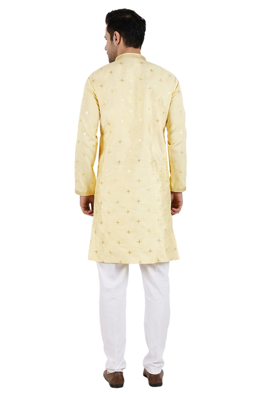 Function Wear Beige Color Art Silk Fabric Beautiful Readymade Kurta Pyjama For Men