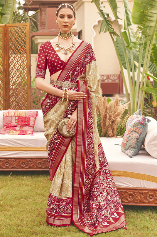 Cream Color Function Wear Trendy Printed Patola Saree In Art Silk Fabric