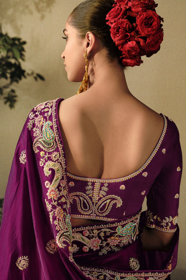 Purple Color Festive Wear Art Silk Fabric Embroidered Border Work Saree With Designer Blouse