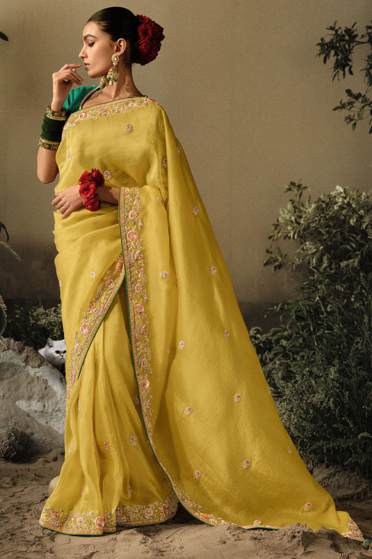 Yellow Festive Wear Art Silk Fabric Embroidered Border Work Saree With Designer Blouse