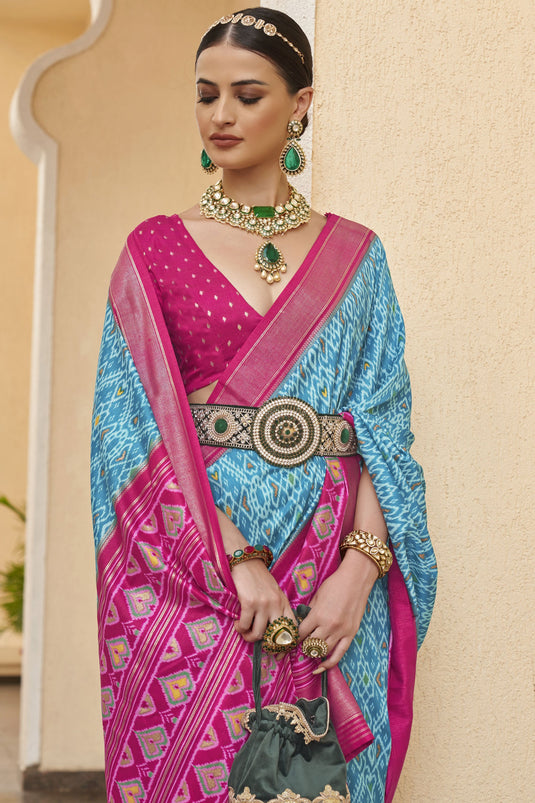 Attractive Cyan Color Printed Patola Silk Saree