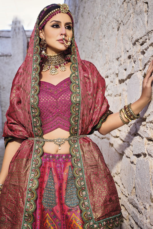 Multi Color Jacquard Work Banarasi Silk Fabric Lehenga Choli With Dupatta