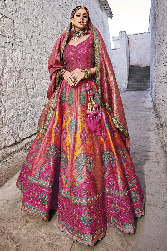 Multi Color Jacquard Work Banarasi Silk Fabric Lehenga Choli With Dupatta