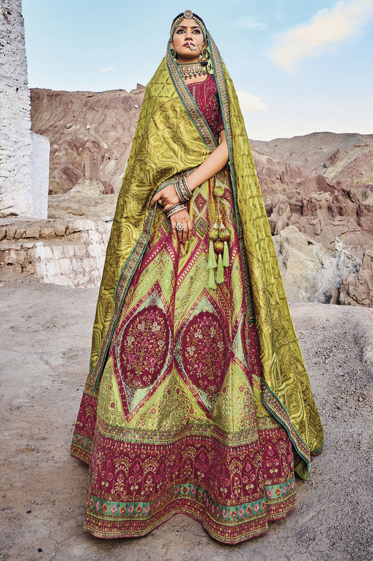 Jacquard Work Multi Color Wedding Wear Lehenga Choli In Banarasi Silk Fabric