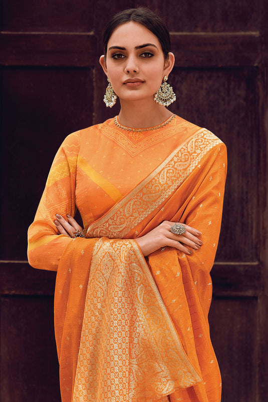 Party Style Orange Color Art Silk Designer Saree With Weaving Designs