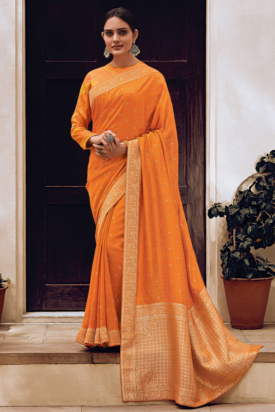 Party Style Orange Color Art Silk Designer Saree With Weaving Designs