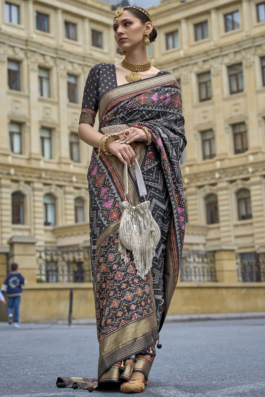 Art Silk Fabric Black Fancy Printed Wedding Wear Saree