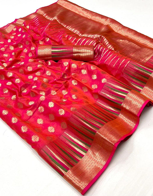 Art Silk Fabric Pink Color Handloom Weaving Saree