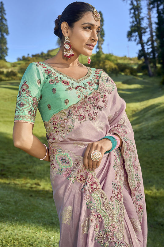 Fancy Silk Fabric Pink Color Saree With Winsome Embroidered Work