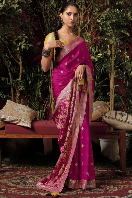 Viscose Silk Rani Color Trendy Look Saree With Weaving Work