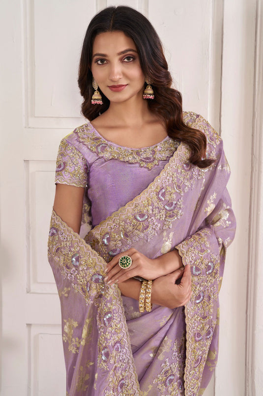 Embroidered Designs On Lavender Color Aristocratic Art Silk Fabric Saree