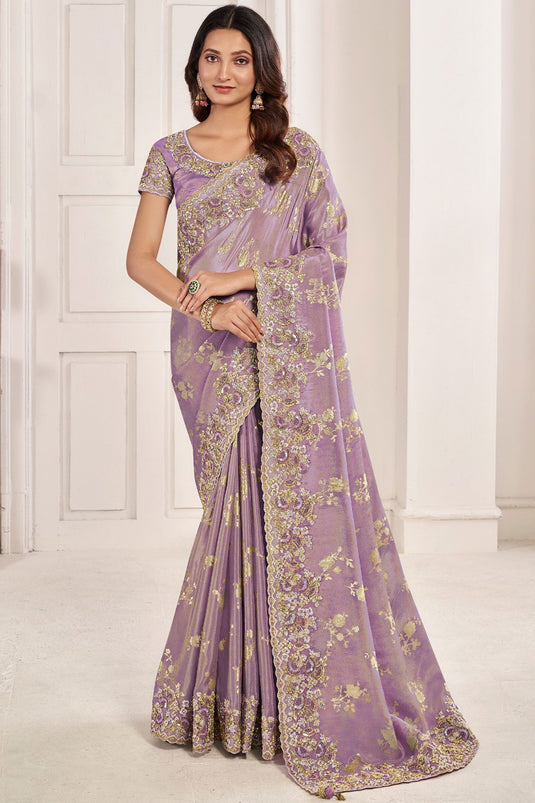 Embroidered Designs On Lavender Color Aristocratic Art Silk Fabric Saree