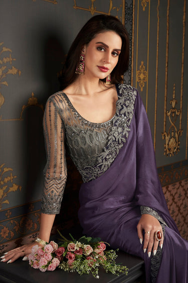 Larissa Bonesi Chiffon Silk Vivacious Saree With Border Work In Purple Color