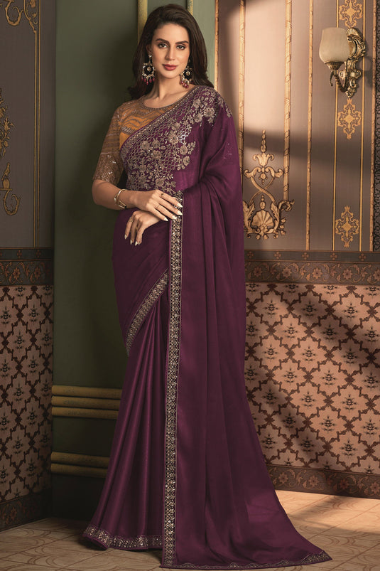 Phenomenal Border Work Purple Color Art Silk Saree