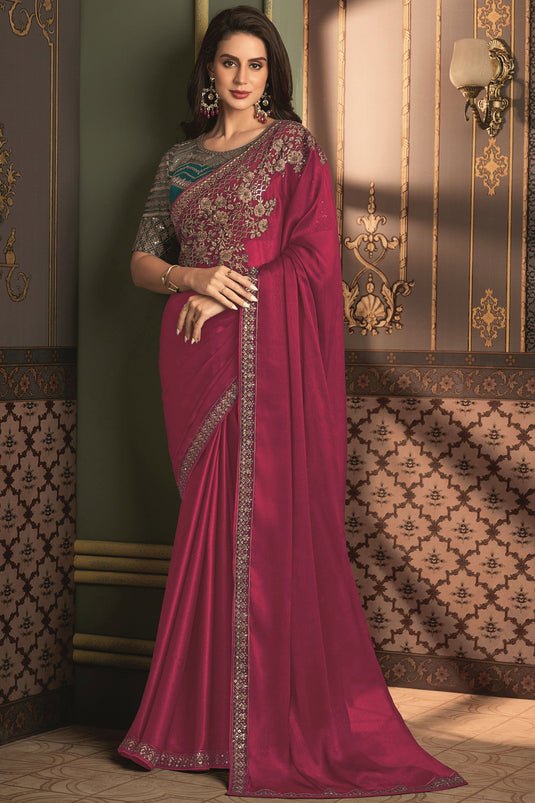 Rani Color Glorious Border Work Art Silk Saree