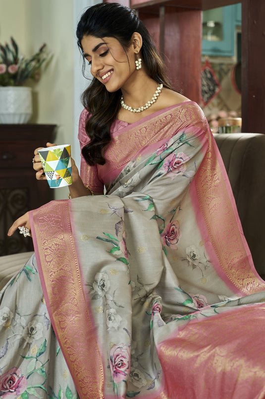 Sea Green Color Gorgeous Handloom Silk Printed Saree