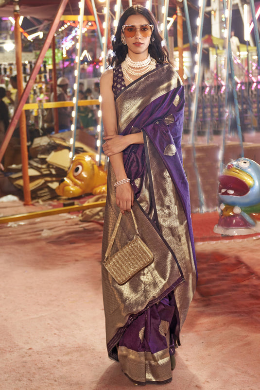 Heavy Handloom Silk Weaving Work On Purple Color Saree