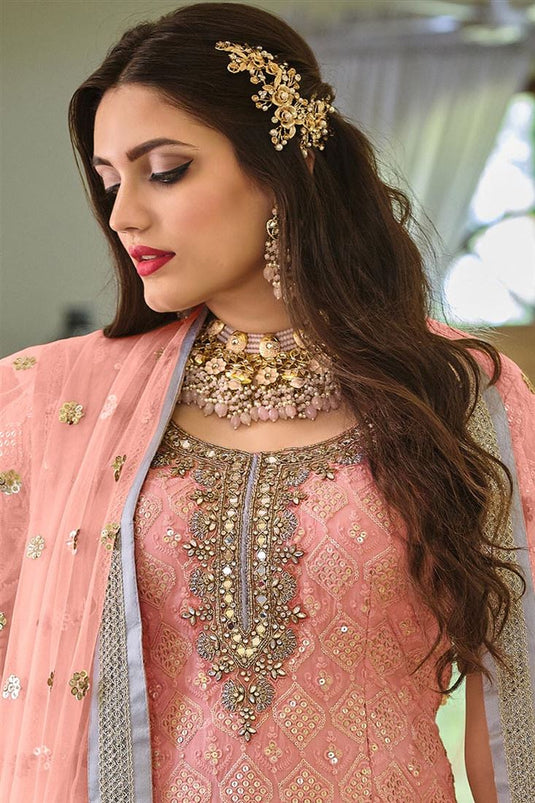 Peach Color Function Wear Embroidered Georgette Fabric Palazzo Suit