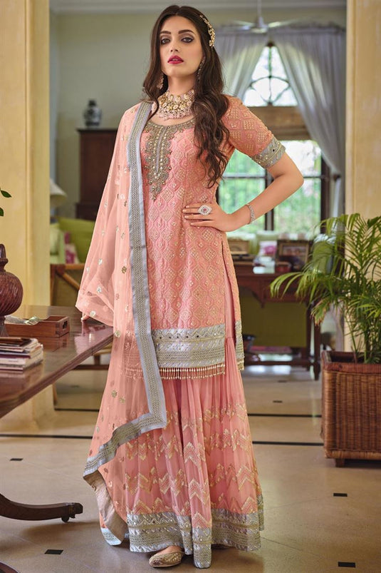 Peach Color Function Wear Embroidered Georgette Fabric Palazzo Suit