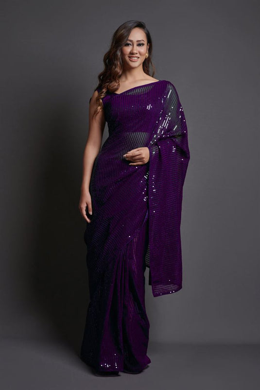 Georgette Fabric Purple Color Party Wear Saree With Sequins Work