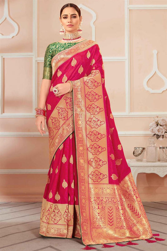 Beautiful Rani Color Banarasi Silk Saree With Weaving Work