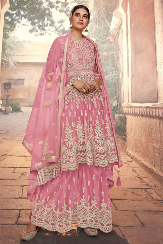 Embroidered Work Net Fabric Pink Color Function Wear Incredible Sharara Suit