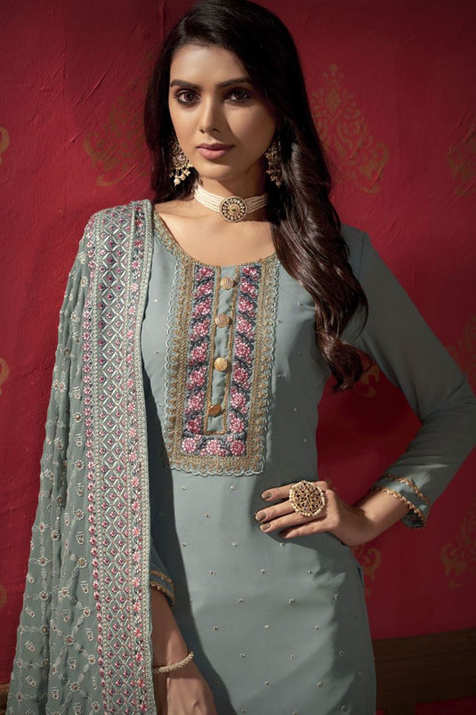 Party Wear Georgette Fabric Sea Green Color Beautiful Embroidered Work Sharara Suit