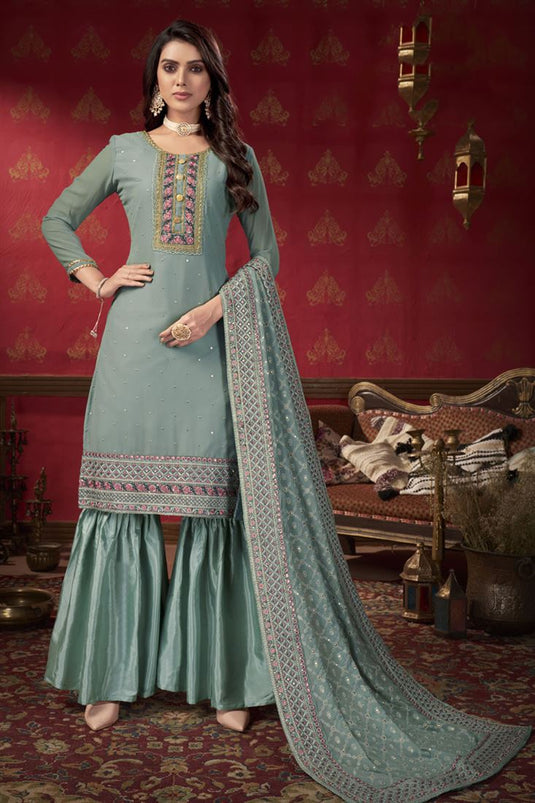 Party Wear Georgette Fabric Sea Green Color Beautiful Embroidered Work Sharara Suit