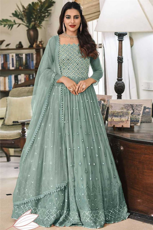 Astounding Sangeet Wear Georgette Fabric Sea Green Color Embroidered Work Anarkali Suit With Net Dupatta