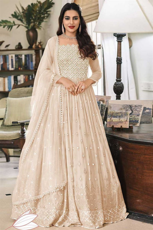 Peach Color Georgette Fabric Sangeet Wear Remarkable Embroidered Work Anarkali Suit With Net Dupatta