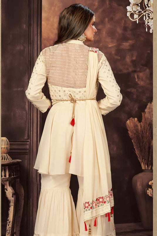 Off White Color Party Wear Georgette Fabric Readymade Salwar Suit With Intricate Sequins Work