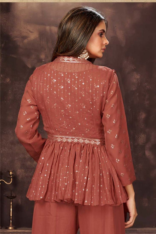 Precious Party Wear Brown Color Georgette Fabric Readymade Salwar Suit With Sequins Work