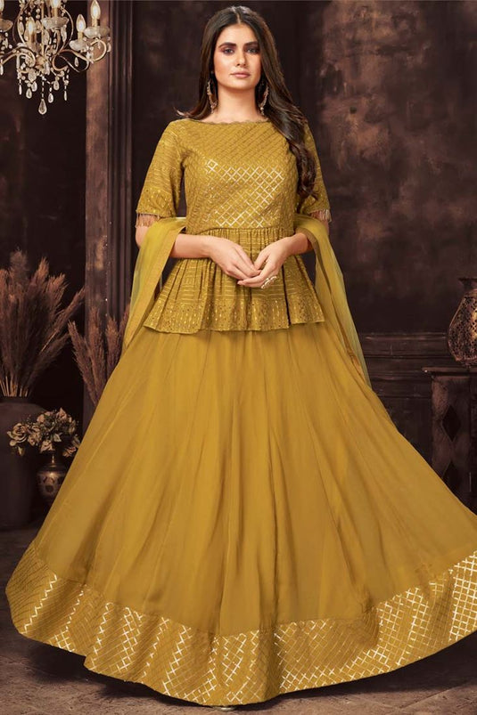 Beauteous Mustard Color Georgette Fabric Party Wear Sequins Work Readymade Salwar Suit