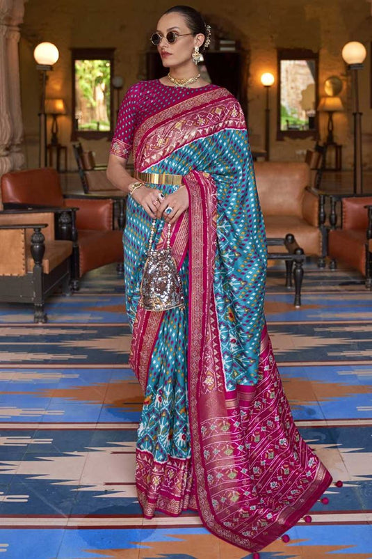 Silk Fabric Sky Blue Color Function Wear Appealing Patola Style Print Saree