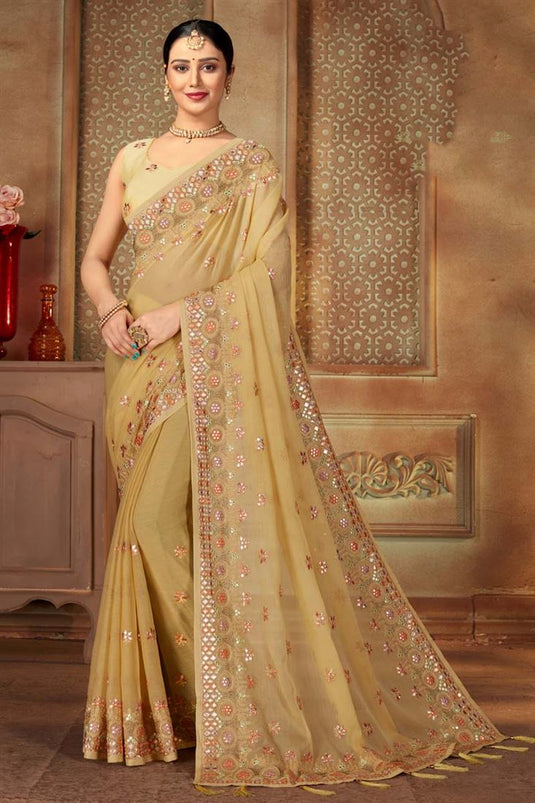 Beige Color Festival Wear Chiffon Fabric Incredible Saree With Embroidered Work