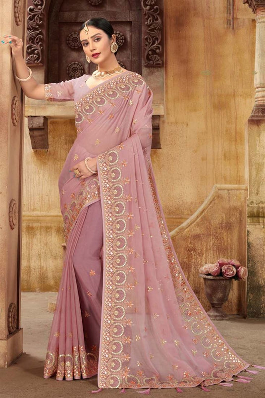 Pink Color Chiffon Fabric Festival Wear Miraculous Saree With Embroidered Work
