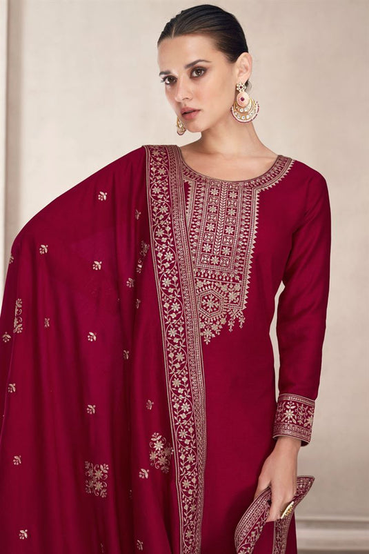 Maroon Color Chinon Fabric Divine Palazzo Suit