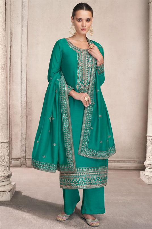 Chinon Fabric Sea Green Color Stylish Palazzo Suit